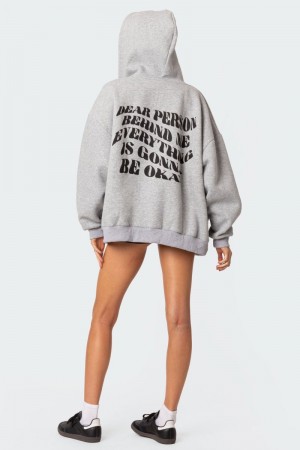 Edikted Everything'S Ok Zip Up Oversized Hoodie Long Sleeve Tops Gray Melange | USA ZC349374K3