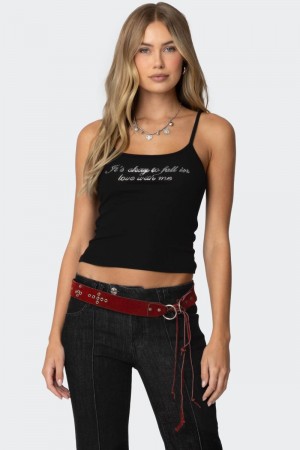 Edikted Fall In Love Rhinestone Tank Graphic Tops Black | USA HD637383C0