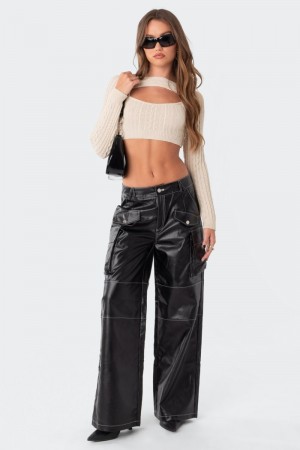 Edikted Faye Faux Leather Cargo Pants Black | USA GH017711Y8
