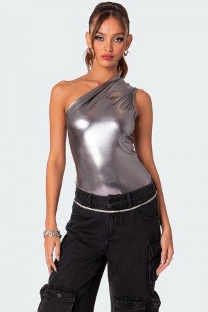 Edikted Feona Gathered Metallic Bodysuit Silver | USA IO661696E9