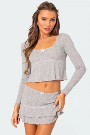Edikted Fig Pointelle Long Sleeve Tops Gray Melange | USA GB339263N5