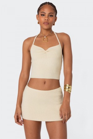 Edikted Fiona Cinched Knit Crop Tops Yellow | USA AH840784L6