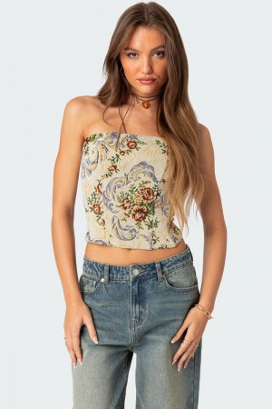Edikted Floral Tapestry Lace Up Corset Cream | USA CW475827E6
