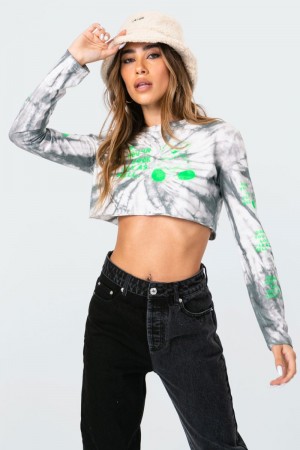 Edikted Fly Teddy Tie-Dye Crop Long Sleeve Tops Gray | USA TS569436Y6