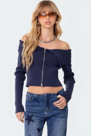 Edikted Fold Over Double Zip Knit Long Sleeve Tops Blue | USA SZ487578A9