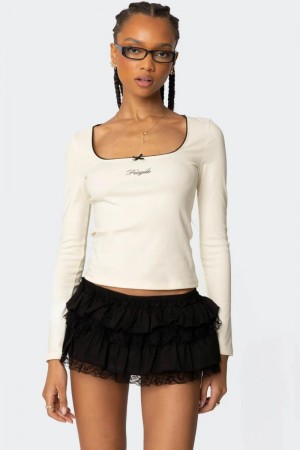 Edikted Fragile Square Neck Graphic Tops Cream | USA DS923342G9