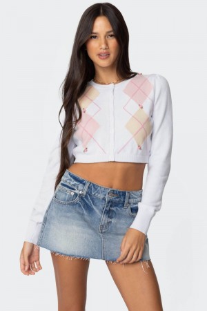 Edikted Francis Cropped Argyle Knit Cardigan Crop Tops White | USA XP823932L2
