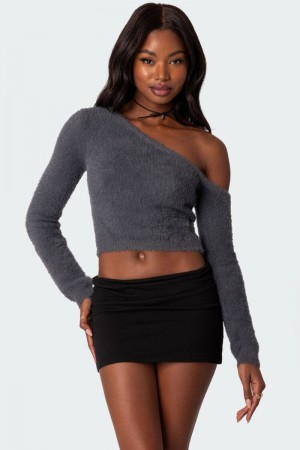 Edikted Frannie One Shoulder Fuzzy Knit Long Sleeve Tops Gray | USA PV558065H6