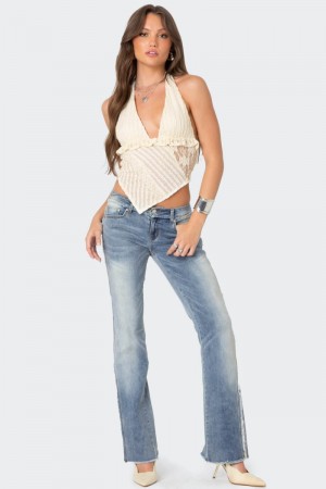 Edikted Frayed Seam Washed Flare Jeans Blue Washed | USA ZN052785N6