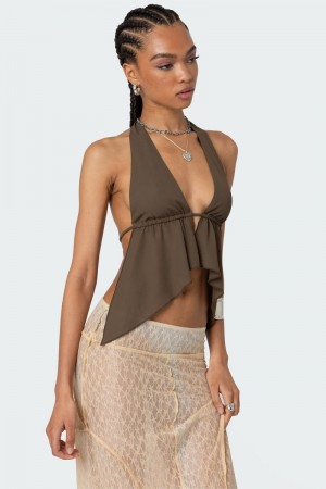 Edikted Freda Open Back Chiffon Crop Tops Olive | USA NO379337F1