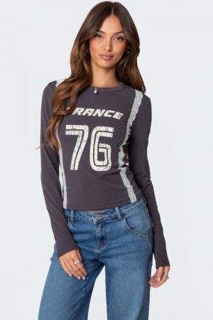 Edikted Frenchy Long Sleeve T Shirt Graphic Tops Dark Gray | USA BE732653Z7