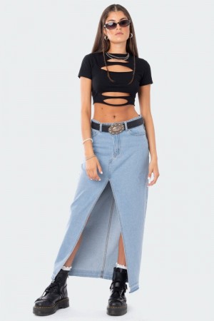 Edikted Front Slit Maxi Denim Skirts Blue | USA HT881788X1