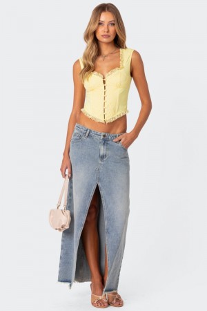 Edikted Front Slit Washed Denim Maxi Skirts Light Blue | USA KX488718Y5