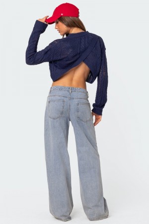 Edikted Gabrielle Cropped Cable Knit Sweater Long Sleeve Tops Navy | USA UQ222212D6
