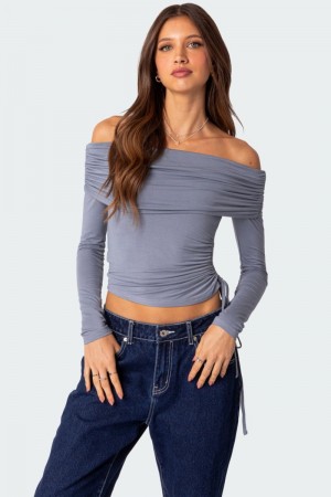 Edikted Gathered Fold Over Drawstring Long Sleeve Tops Black | USA XM659805H4