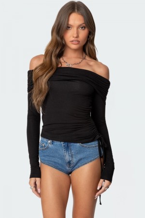 Edikted Gathered Fold Over Drawstring Long Sleeve Tops Black | USA OM564216K7