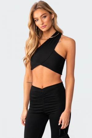 Edikted Gina One Shoulder Crop Tops Black | USA NH047454G5