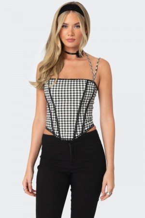 Edikted Gingham Lace Trim Corset Black And White | USA LI775297H5