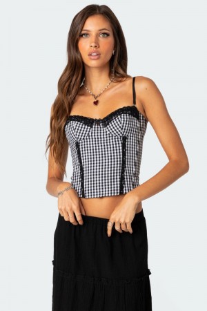 Edikted Gingham Lace Up Cupped Corset Black And White | USA FK763096M9
