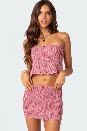 Edikted Gingham Scrunch Tube Strapless Tops Red | USA UZ772807B1