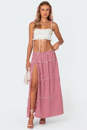 Edikted Gingham Side Slit Tiered Maxi Skirts Red | USA YX085618N3