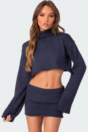 Edikted Gino Cropped Turtle Neck Sweater Crop Tops Blue Melange | USA GK078417M3