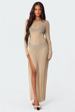 Edikted Glitter Mesh Slitted Maxi Dress Maxi Dress Black | USA EJ184648O3