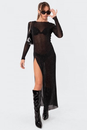 Edikted Glitter Mesh Slitted Maxi Long Sleeve Dress Black | USA VS787348E3
