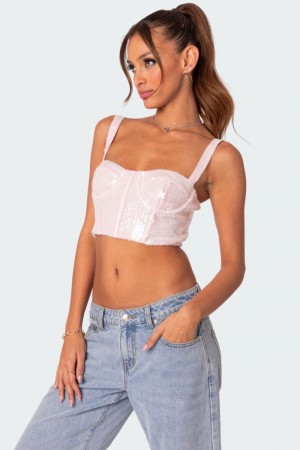 Edikted Glitzy Sequin Corset Crop Tops Light Pink | USA TD078027R9