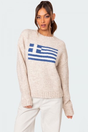 Edikted Greece Oversized Chunky Knit Sweater Long Sleeve Tops Stone | USA DO010481B6