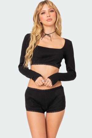 Edikted Grwm Waffle Crop Tops Black | USA KI210301I1
