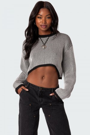 Edikted Gwenyth Textured Cropped Sweater Long Sleeve Tops Black And White | USA VH037803T5