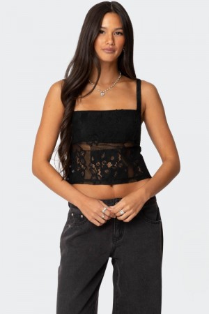 Edikted Gwyn Mixed Lace Crop Tops Black | USA JL459435Z5