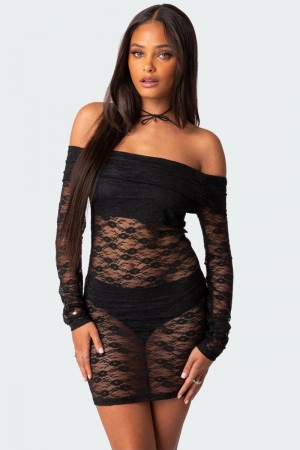 Edikted Halle Sheer Lace Mini Long Sleeve Dress Black | USA LD658375Q8