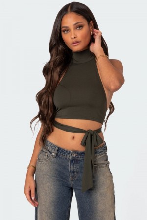 Edikted Hamlin Wrap Tie Crop Tops Navy | USA BV337963S3