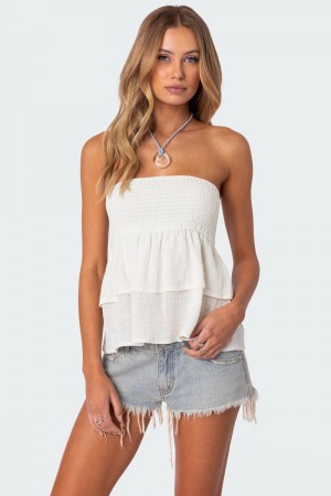 Edikted Harleigh Ruffled Linen Look Tube Strapless Tops Cream | USA ZK557065U2