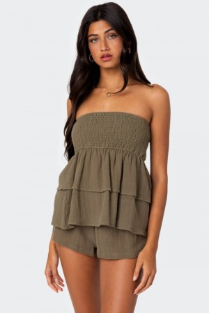 Edikted Harleigh Ruffled Linen Look Tube Strapless Tops Cream | USA PB301630W8