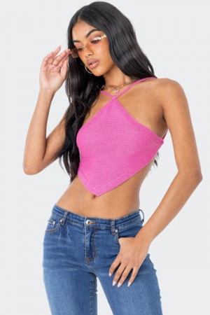 Edikted Harlow Knitted Open-Back Crop Tops Pink | USA BQ576277N2