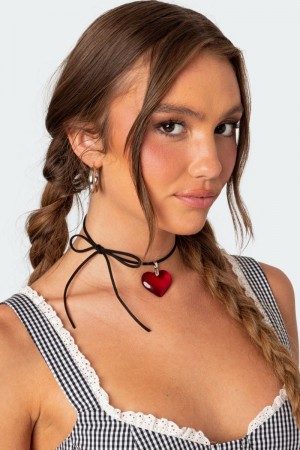 Edikted Heart Pendant Tie Choker Necklaces Red | USA FV974207R7
