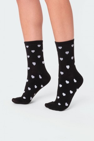 Edikted Heart Printed Socks Black | USA SC671617D7