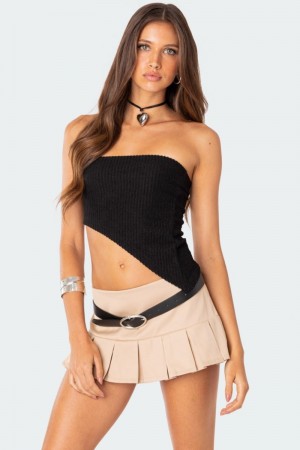 Edikted Heidi Textured Knit Asymmetric Crop Tops Black | USA TZ304530E1
