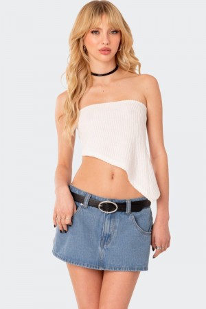 Edikted Heidi Textured Knit Asymmetric Strapless Tops Black | USA AL939273E2