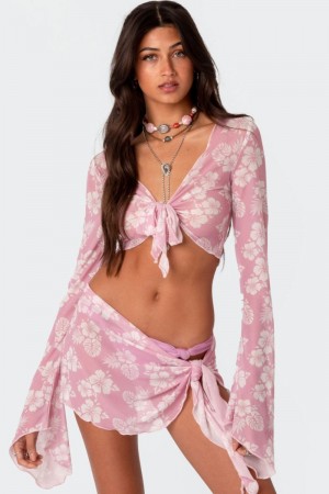 Edikted Hibiscus Tie Front Mesh Crop Tops Pink | USA DI210761I3