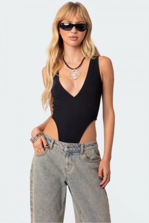 Edikted High Cut Ribbed V Neck Bodysuit Black | USA MI892059E8