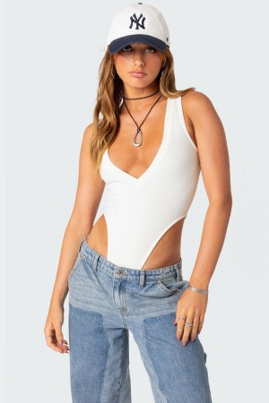 Edikted High Cut Ribbed V Neck Bodysuit Black | USA UJ297479S6