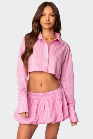 Edikted Hila Pinstripe Cropped Button Up Shirt Crop Tops Pink | USA ZE466856I1
