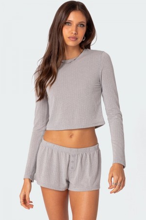 Edikted Homey Pointelle Long Sleeve Tops Gray | USA FS573757J8