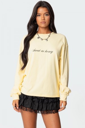 Edikted Honeybee Oversized Long Sleeve T Shirt Graphic Tops Yellow | USA JJ663666T3