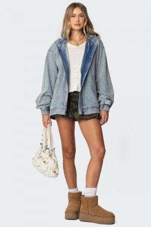 Edikted Hooded Vintage Washed Denim Bomber Jackets Light Blue | USA GZ240174J1