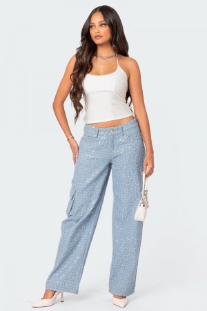 Edikted Icing Sequin Low Rise Cargo Jeans Cargo Pants Light Blue | USA UA602200U5